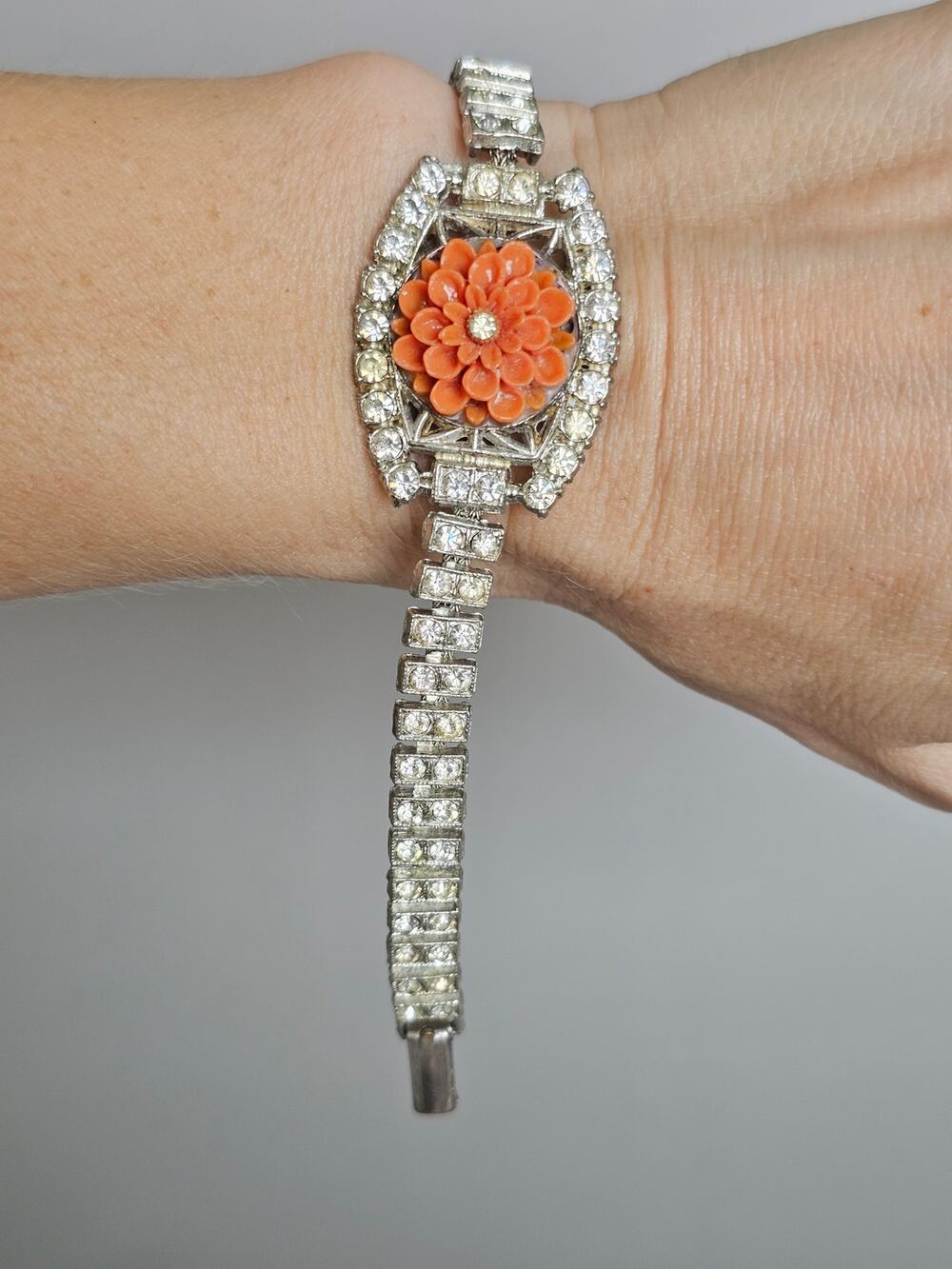 Vintage Art Deco Silver Rhinestone Bracelet Coral Molded Glass Flower Center 7"